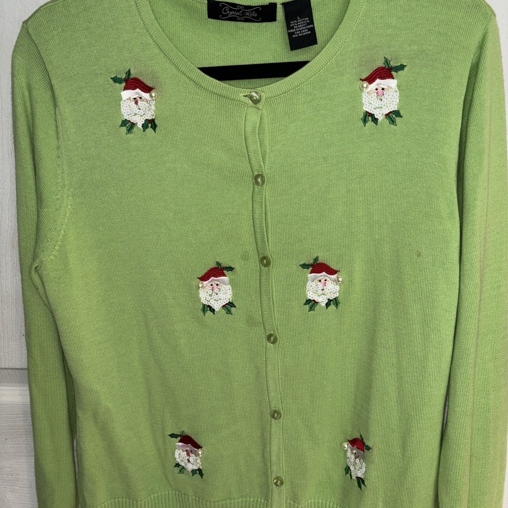 Crystal Kobe Christmas Cardigan Sweater L Green Santa Embroidery Button-Up Long
